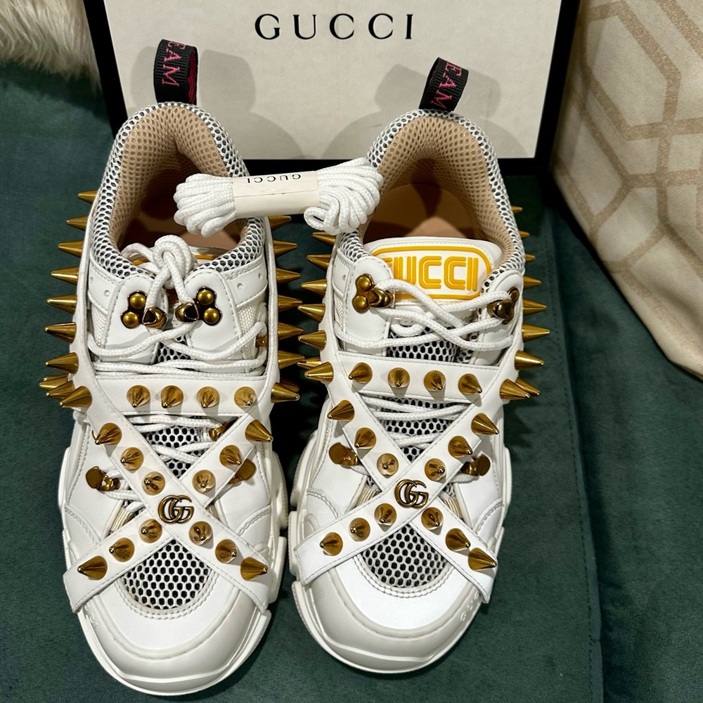 Gucci White Sneakers with Gold Spikes